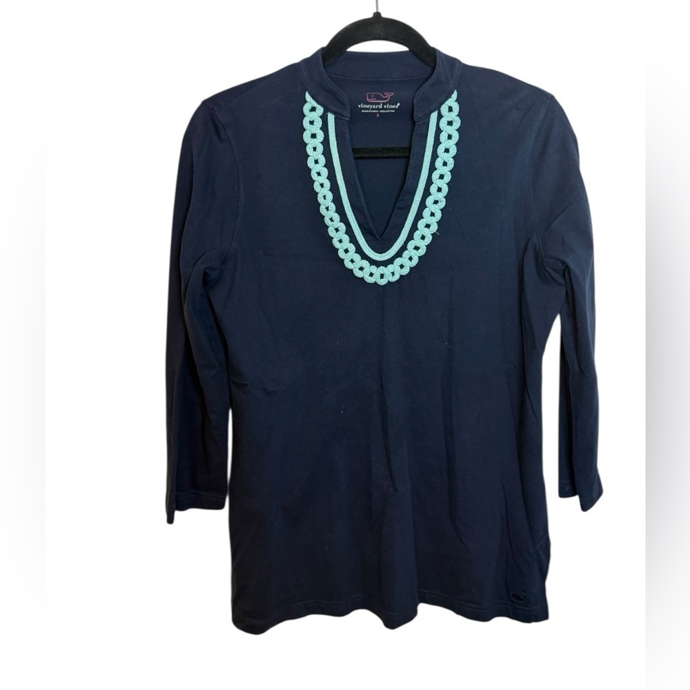 Vineyard Vines Navy Blue Aqua Embroidered Tunic Top